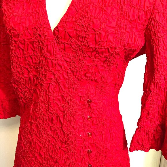 Scrunched RED Jacket with Flutter Sleeves, Asymetric Loop Buttons, Size M - Picture 3 of 4